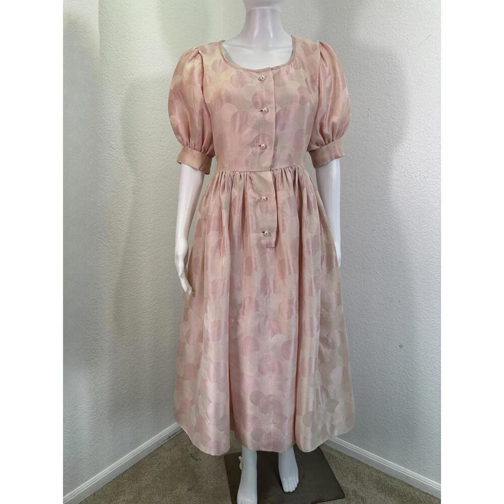 Vtg 1950s Michael Novarese Pink Satin Party Dress Puff Sleeves Couture Designer